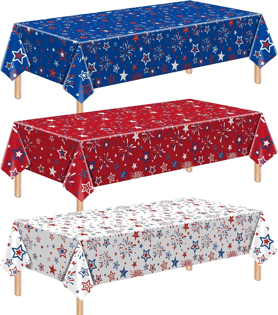 3 Pack American Patriotic Plastic Tablecloth – 54 x 108 Inch Stars & Fireworks Disposable Rectangle Table Covers for 4th of July, Memorial Day & Veterans Day Party Decorations